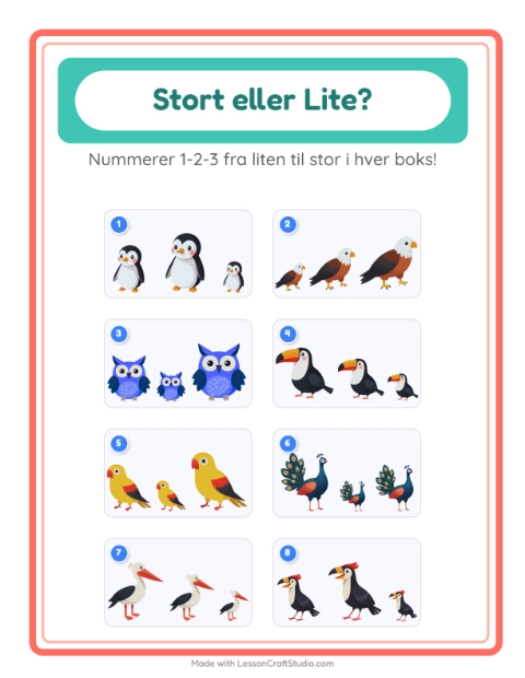 Forhåndsvisning av Stor Eller Liten-arbeidsark med Fugler for Barnehage (3-5 år)