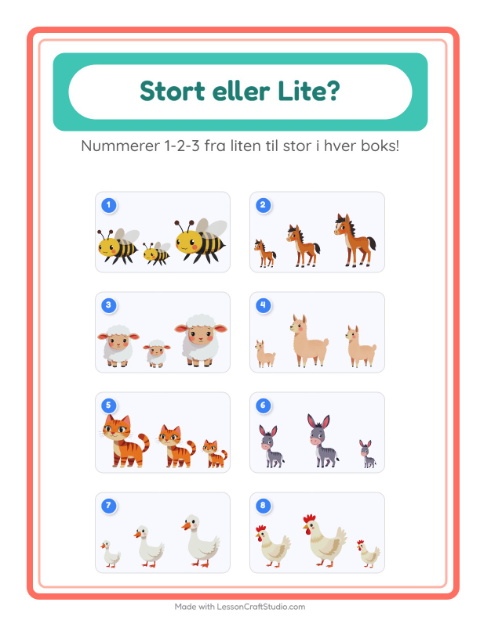 Forhåndsvisning av Stor Eller Liten-arbeidsark med Gårdsdyr for Barnehage (3-5 år)