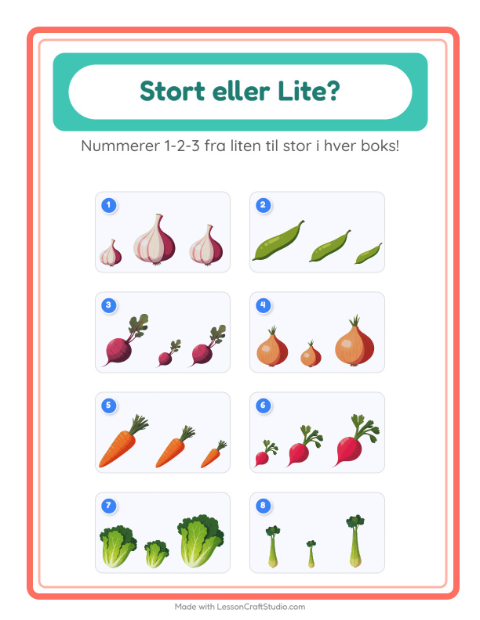 Forhåndsvisning av Stor Eller Liten-arbeidsark med Grønnsaker for Barnehage (3-5 år)