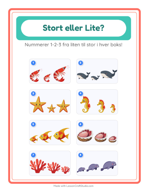 Forhåndsvisning av Stor Eller Liten-arbeidsark med Havliv for Barnehage (3-5 år)