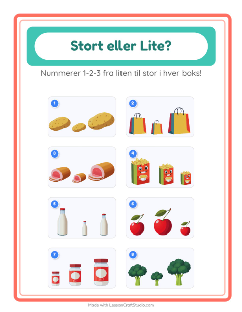 Forhåndsvisning av Stor Eller Liten-arbeidsark med I supermarkedet for Barnehage (3-5 år)