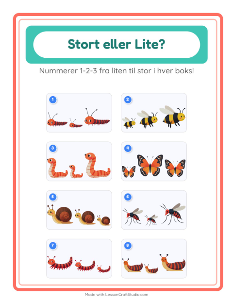 Forhåndsvisning av Stor Eller Liten-arbeidsark med Insekter og kryp for Barnehage (3-5 år)