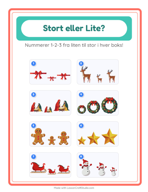 Forhåndsvisning av Stor Eller Liten-arbeidsark med Jul for Barnehage (3-5 år)