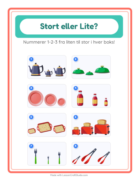 Forhåndsvisning av Stor Eller Liten-arbeidsark med Kjøkkenredskaper for Barnehage (3-5 år)