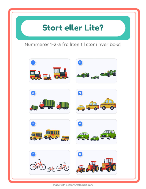 Forhåndsvisning av Stor Eller Liten-arbeidsark med Kjøretøy for Barnehage (3-5 år)