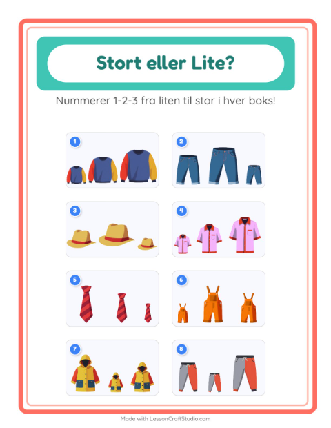 Forhåndsvisning av Stor Eller Liten-arbeidsark med Klær for Barnehage (3-5 år)