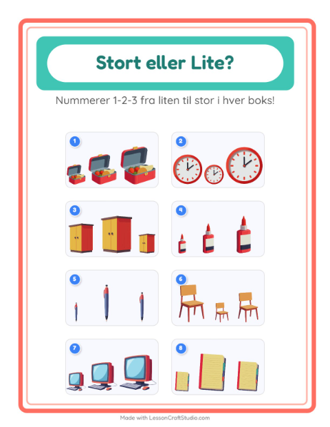 Forhåndsvisning av Stor Eller Liten-arbeidsark med Klasserom for Barnehage (3-5 år)