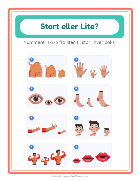 Forhåndsvisning av Stor Eller Liten-arbeidsark med Kroppsdeler for Barnehage (3-5 år)