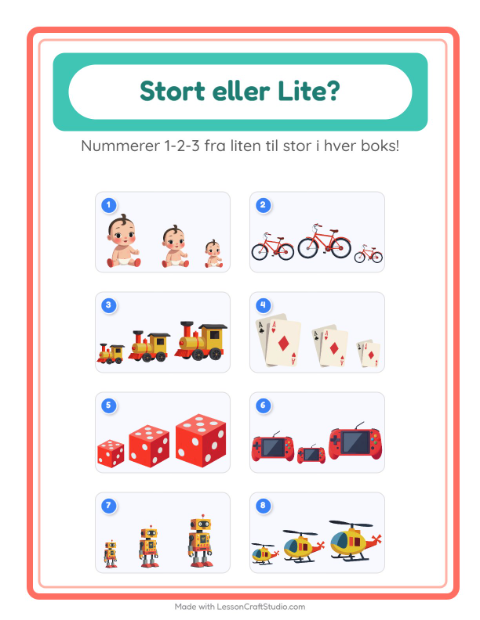 Forhåndsvisning av Stor Eller Liten-arbeidsark med Leker for Barnehage (3-5 år)