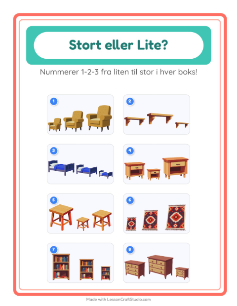 Forhåndsvisning av Stor Eller Liten-arbeidsark med Møbler for Barnehage (3-5 år)