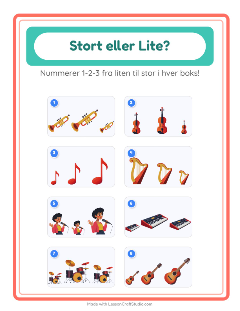 Forhåndsvisning av Stor Eller Liten-arbeidsark med Musikk for Barnehage (3-5 år)