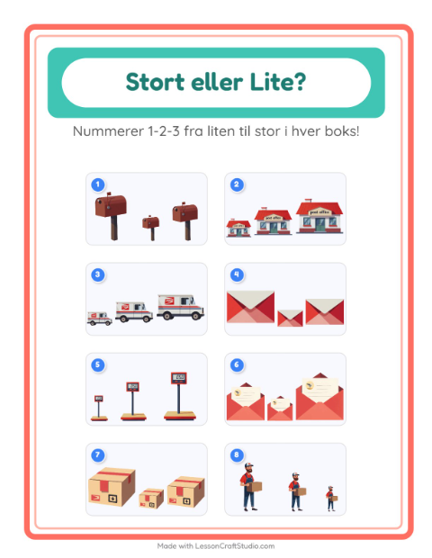 Forhåndsvisning av Stor Eller Liten-arbeidsark med Postkontor for Barnehage (3-5 år)