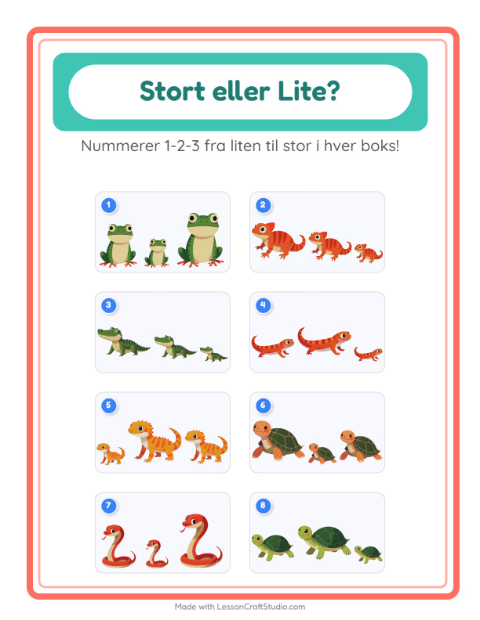 Forhåndsvisning av Stor Eller Liten-arbeidsark med Reptiler og amfibier for Barnehage (3-5 år)