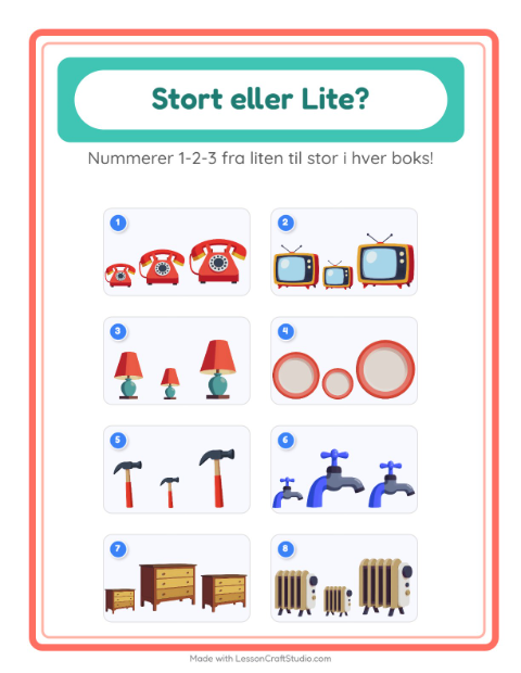 Forhåndsvisning av Stor Eller Liten-arbeidsark med Rundt i huset for Barnehage (3-5 år)