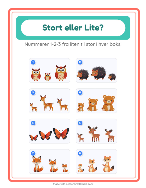 Forhåndsvisning av Stor Eller Liten-arbeidsark med Skogsdyr for Barnehage (3-5 år)