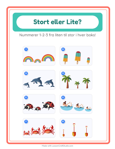 Forhåndsvisning av Stor Eller Liten-arbeidsark med Sommer for Barnehage (3-5 år)