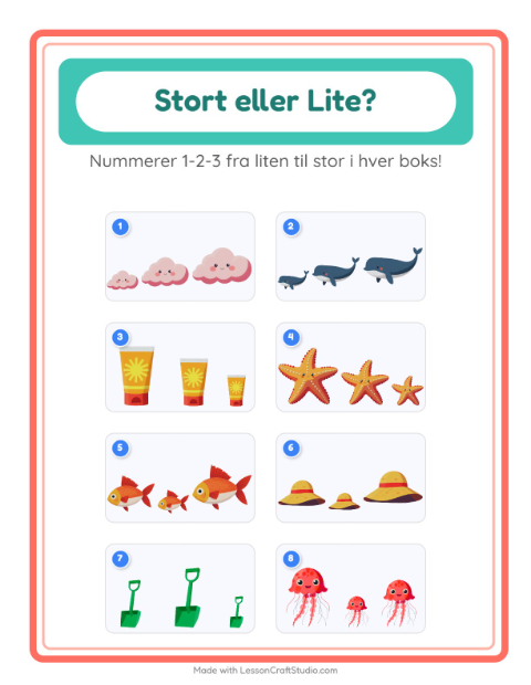 Forhåndsvisning av Stor Eller Liten-arbeidsark med Strand for Barnehage (3-5 år)