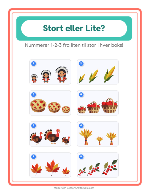 Forhåndsvisning av Stor Eller Liten-arbeidsark med Thanksgiving for Barnehage (3-5 år)