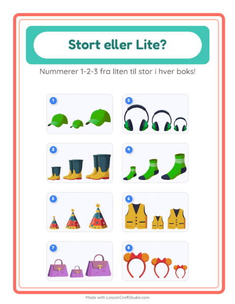 Forhåndsvisning av Stor Eller Liten-arbeidsark med Tilbehør for Barnehage (3-5 år)
