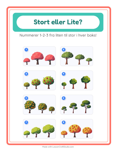 Forhåndsvisning av Stor Eller Liten-arbeidsark med Trær for Barnehage (3-5 år)