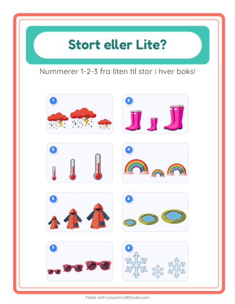 Forhåndsvisning av Stor Eller Liten-arbeidsark med Vær for Barnehage (3-5 år)