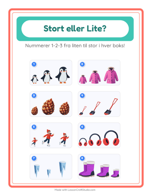 Forhåndsvisning av Stor Eller Liten-arbeidsark med Vinter for Barnehage (3-5 år)