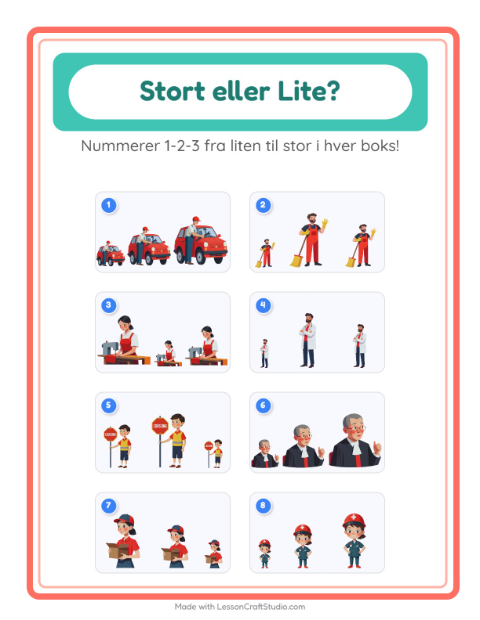 Forhåndsvisning av Stor Eller Liten-arbeidsark med Yrker for Barnehage (3-5 år)