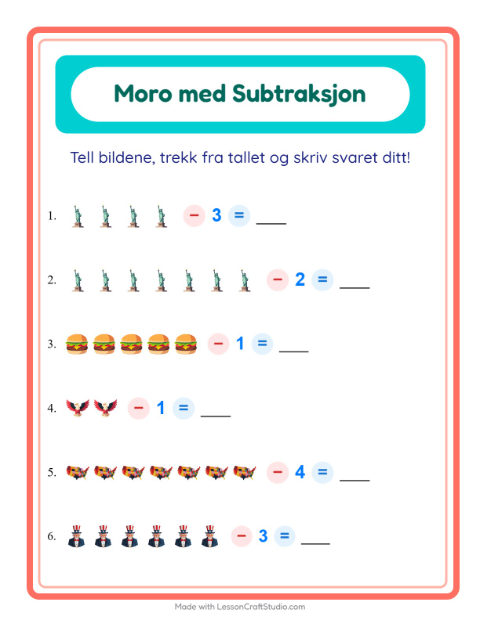 Forhåndsvisning av Subtraksjon-arbeidsark med 4. juli for Barnehage (5-7 år)