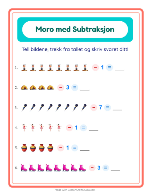 Forhåndsvisning av Subtraksjon-arbeidsark med Aktiviteter for Barnehage (5-7 år)