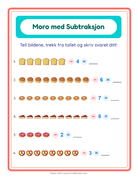 Forhåndsvisning av Subtraksjon-arbeidsark med Bakeri for Barnehage (5-7 år)