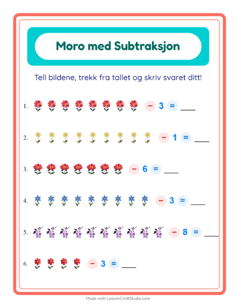 Forhåndsvisning av Subtraksjon-arbeidsark med Blomster for Barnehage (5-7 år)