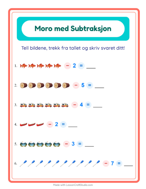 Forhåndsvisning av Subtraksjon-arbeidsark med Camping for Barnehage (5-7 år)