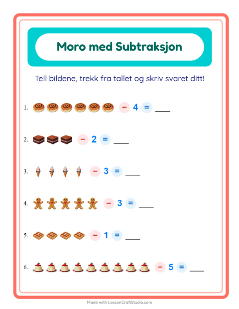 Forhåndsvisning av Subtraksjon-arbeidsark med Desserter og godteri for Barnehage (5-7 år)