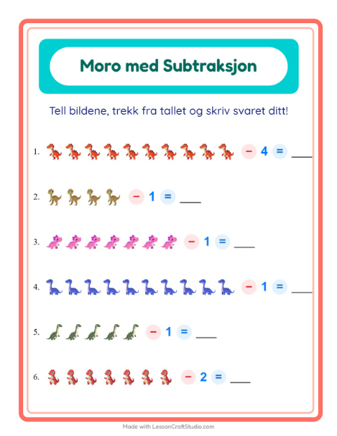 Forhåndsvisning av Subtraksjon-arbeidsark med Dinosaurer for Barnehage (5-7 år)