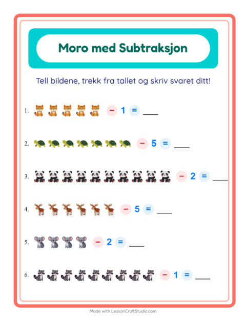 Forhåndsvisning av Subtraksjon-arbeidsark med Dyr for Barnehage (5-7 år)