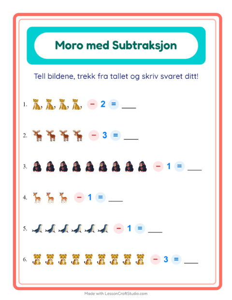 Forhåndsvisning av Subtraksjon-arbeidsark med Dyrehagedyr for Barnehage (5-7 år)