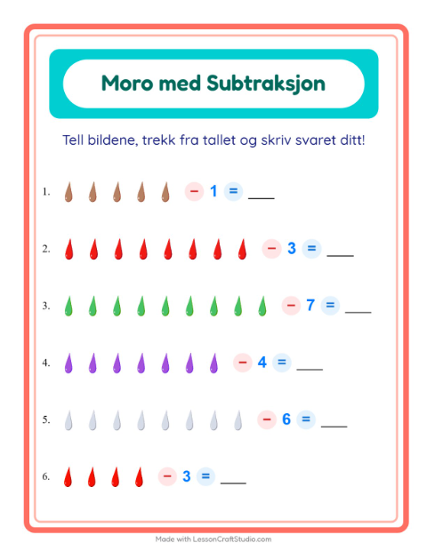 Forhåndsvisning av Subtraksjon-arbeidsark med Farger for Barnehage (5-7 år)
