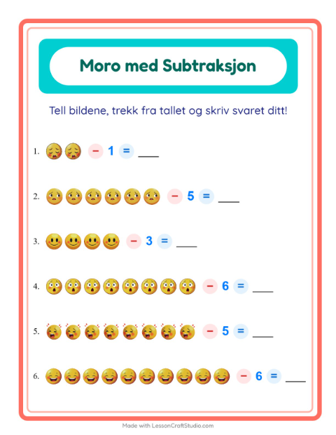 Forhåndsvisning av Subtraksjon-arbeidsark med Følelser for Barnehage (5-7 år)