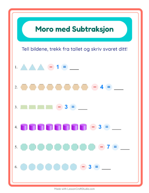 Forhåndsvisning av Subtraksjon-arbeidsark med Former for Barnehage (5-7 år)