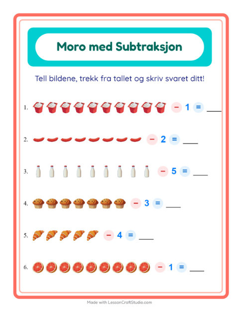 Forhåndsvisning av Subtraksjon-arbeidsark med Frokost for Barnehage (5-7 år)