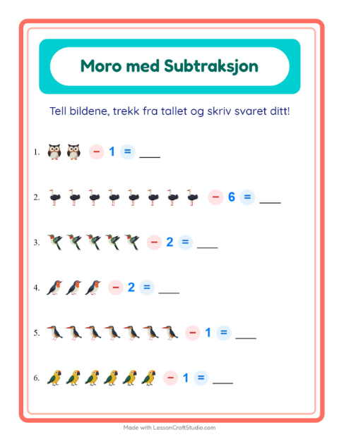 Forhåndsvisning av Subtraksjon-arbeidsark med Fugler 2 for Barnehage (5-7 år)