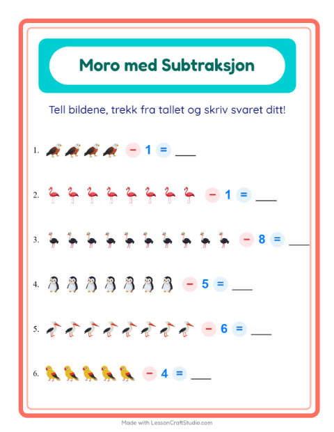 Forhåndsvisning av Subtraksjon-arbeidsark med Fugler for Barnehage (5-7 år)