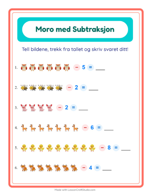 Forhåndsvisning av Subtraksjon-arbeidsark med Gårdsdyr for Barnehage (5-7 år)