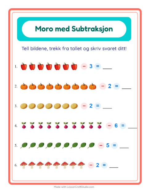 Forhåndsvisning av Subtraksjon-arbeidsark med Grønnsaker for Barnehage (5-7 år)
