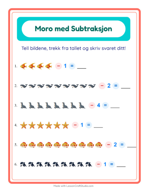 Forhåndsvisning av Subtraksjon-arbeidsark med Havliv for Barnehage (5-7 år)