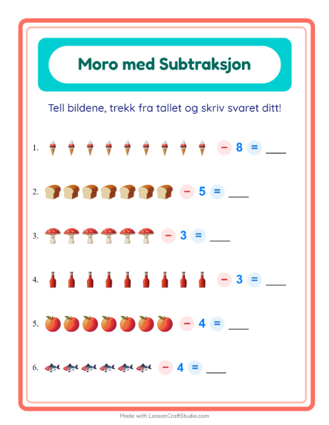 Forhåndsvisning av Subtraksjon-arbeidsark med I supermarkedet for Barnehage (5-7 år)
