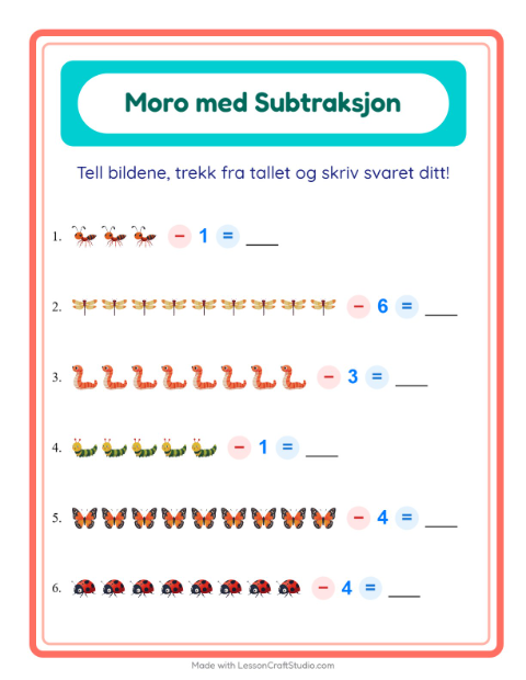 Forhåndsvisning av Subtraksjon-arbeidsark med Insekter og kryp for Barnehage (5-7 år)
