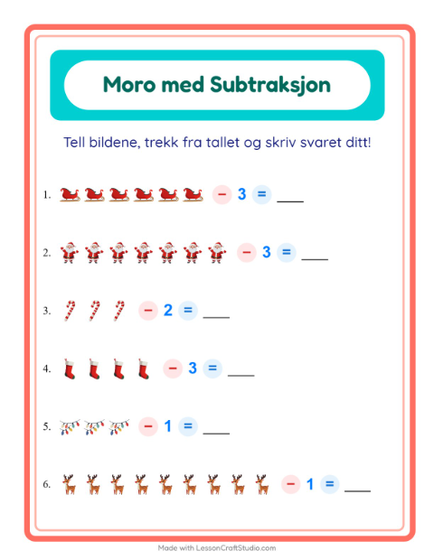 Forhåndsvisning av Subtraksjon-arbeidsark med Jul for Barnehage (5-7 år)
