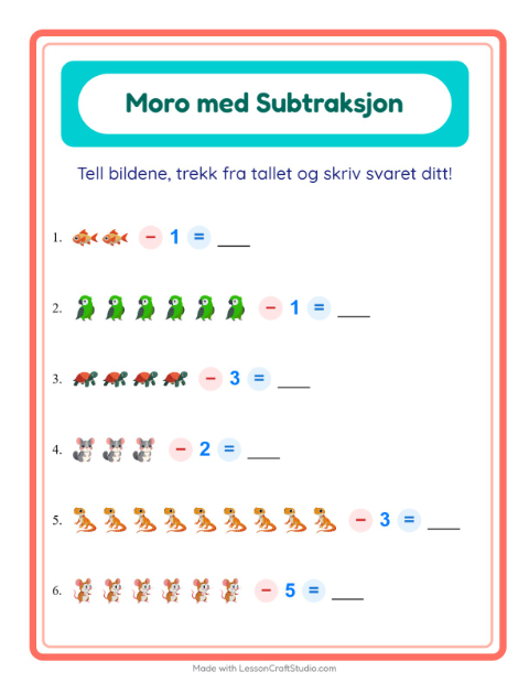 Forhåndsvisning av Subtraksjon-arbeidsark med Kjæledyr for Barnehage (5-7 år)