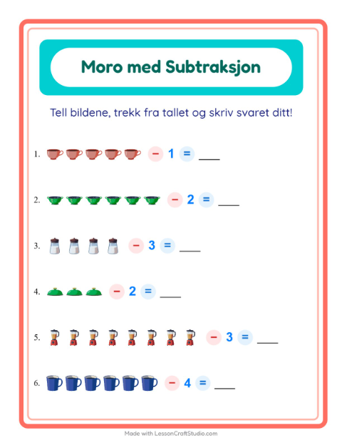 Forhåndsvisning av Subtraksjon-arbeidsark med Kjøkkenredskaper for Barnehage (5-7 år)